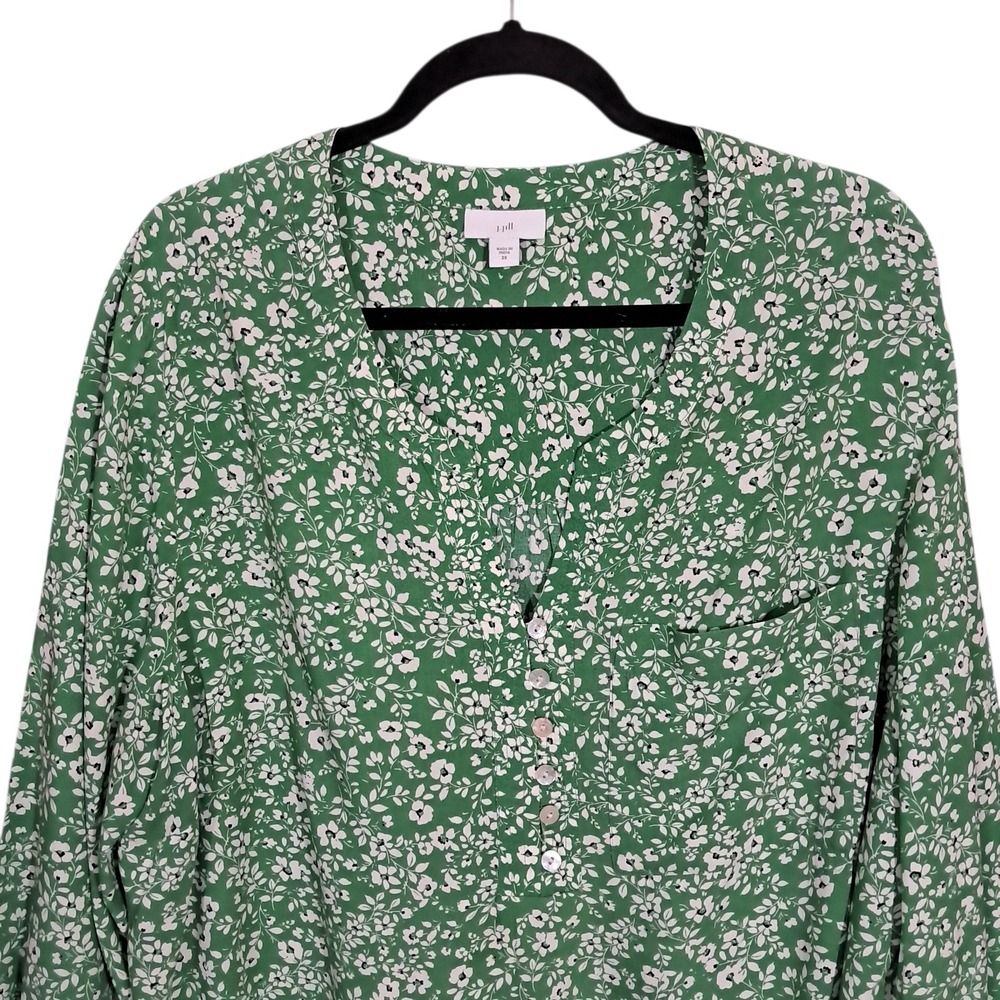 J. Jill Womens Sz 2X Floral Print Popover Blouse Green Office Flowy Long Sleeve - Picture 3 of 13